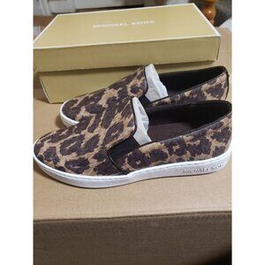 Michael Kors Women Brown Canvas Animal Print Slip On Loafers With MK logo